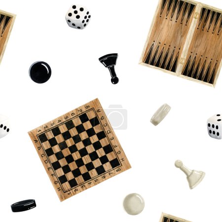 Téléchargez les photos : Jeux de table échecs, backgammon et dames avec dés de jeu blancs cubes aquarelle motif sans couture sur fond blanc pour passe-temps et loisirs. - en image libre de droit