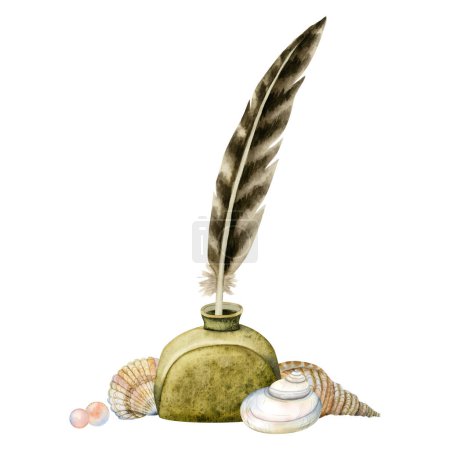 Photo for Watercolor inkwell bottle with brown feather with seashells illustration isolated on white background. Ancient vintage gold inkpot for poetry, adventures and nautical designs. - Royalty Free Image