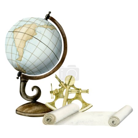 Téléchargez les photos : Globe Vintage, sextant et carte défilement aquarelle illustration isolée sur fond blanc pour voile, voyage, aventures dessins. - en image libre de droit