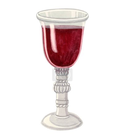 Foto de Copa de vino tinto acuarela ilustración aislada sobre fondo blanco. Copa transparente vintage para kidush y Shabat. - Imagen libre de derechos