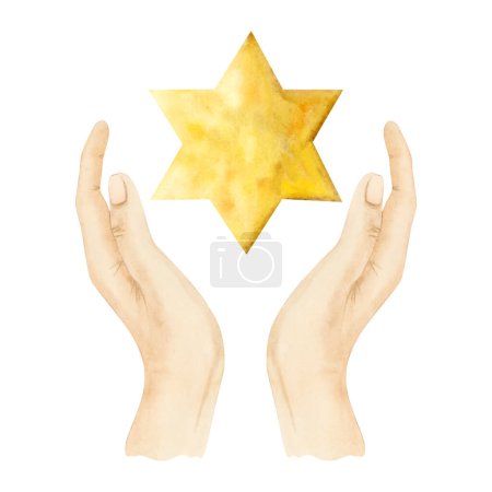 Téléchargez les photos : Or jaune Étoile de David aquarelle tenant dans les mains illustration isolée sur fond blanc. Six hexagramme pointu figure géométrique pour les conceptions religieuses judaïsme. - en image libre de droit