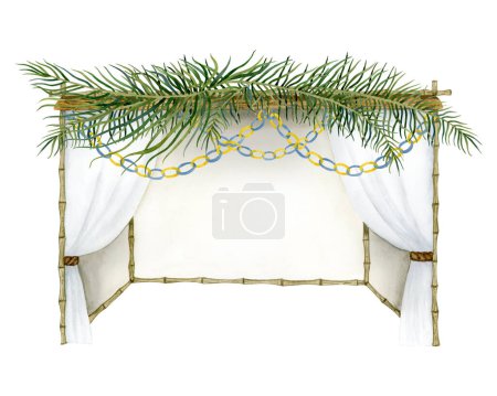 Jewish Sukkah with palm leaves on the top and paper decorations watercolor illustration isolated on white background for Sukkot holiday. Hand drawn succah hut.