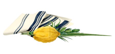 Photo for Sukkot holiday symbols with Etrog, traditional plants and tallit watercolor illustration. Four species willow and myrtle branches, citron fruit, palm frond. - Royalty Free Image