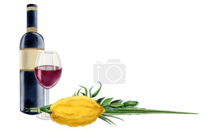 Téléchargez les photos : Etrog, quatre espèces de plantes, bouteille de vin rouge et verre pour Sukkot illustration aquarelle de vacances. Modèle de bannière juive. - en image libre de droit