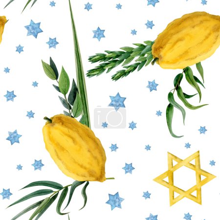 Téléchargez les photos : Sukkot aquarelle motif sans couture sur fond blanc pour les vacances juives traditionnelles avec feuille de palmier dattier Lulav, citron Etrog fruit, saule Arava, plantes de myrte Hadas et étoiles de David. - en image libre de droit