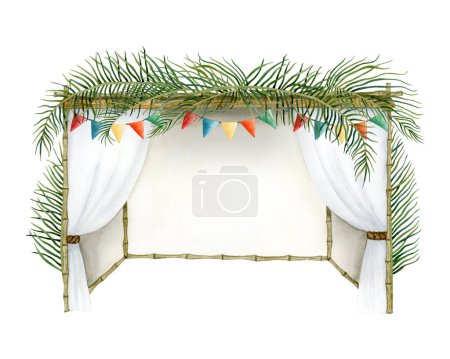 Photo for Decorated Sukkah with palm leaves on the top and festive colorful flags watercolor illustration isolated on white background for Jewish Sukkot holiday. Hand drawn succah hut. - Royalty Free Image