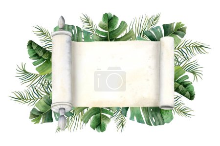 Photo for Tropical banner with blank paper scroll and palm leaves watercolor illustration isolated on white background. Banana, monstera and date palm leaves template. - Royalty Free Image