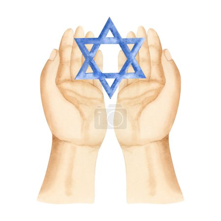 Photo for Jewish faith blue Star of David holding in hands watercolor illustration isolated on white background. Six pointed hexagram geometric figure for Judaism religious designs. - Royalty Free Image