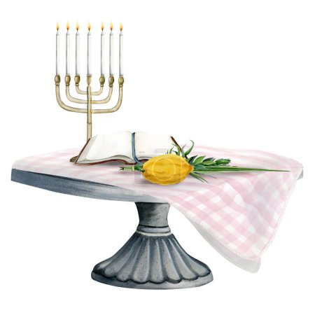 Foto de Plantas de ceremonia Sukkot, menorá con velas y libro de la Torá en mesa redonda con mantel rayado acuarela ilustración aislada sobre fondo blanco. - Imagen libre de derechos