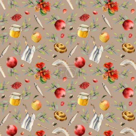 Téléchargez les photos : Rosh Hashana aquarelle motif sans couture sur fond beige élégant pour le papier d'emballage cadeau de nouvel an juif et dessins de salutation avec grenades, miel, pommes, soufflage shofar, Xoah. - en image libre de droit