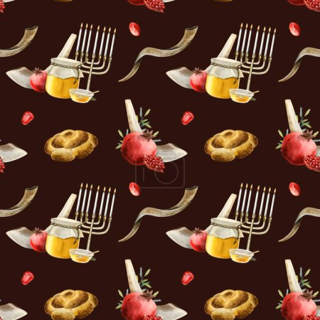 Téléchargez les photos : Marron foncé Rosh hashanah symboles aquarelle motif sans couture avec shofars, menorah, nourriture traditionnelle pour le nouvel an juif emballage cadeau et dessins de salutation. - en image libre de droit