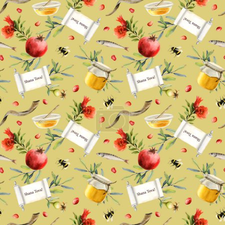 Photo for Greenish yellow Shana Tova greeting watercolor seamless pattern for Rosh Hashanah Jewish new year gift wrapping, tablecloth, cards. - Royalty Free Image