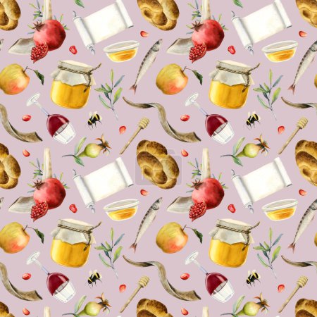 Pastel pink Watercolor Rosh Hashanah symbols seamless pattern for Jewish New year gift wrapping with scroll, pomegranates, honey, apples, fish, challah, shofar and wine.