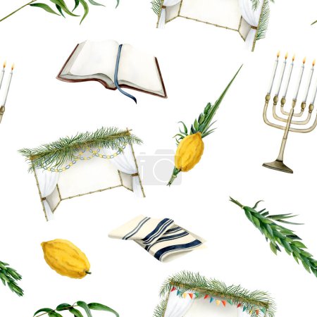 Photo for Watercolor Sukkot seamless pattern on white background with decorated sukkah, waving the Lulav, Etrog, tallit and menorah for traditional Jewish holiday. - Royalty Free Image