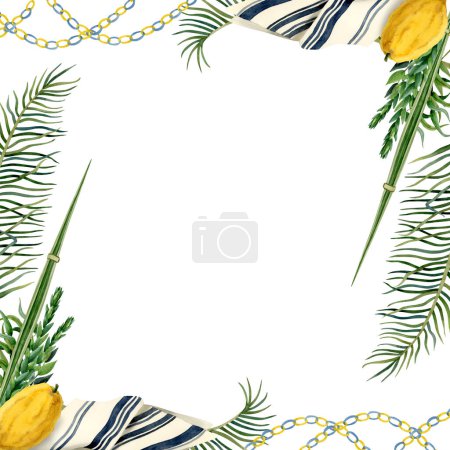 Foto de Happy Sukkot cuadrado marco floral acuarela ilustración aislada sobre fondo blanco con etrog, cuatro especies, talit y decoraciones de papel para la tarjeta de felicitación judía de vacaciones. - Imagen libre de derechos