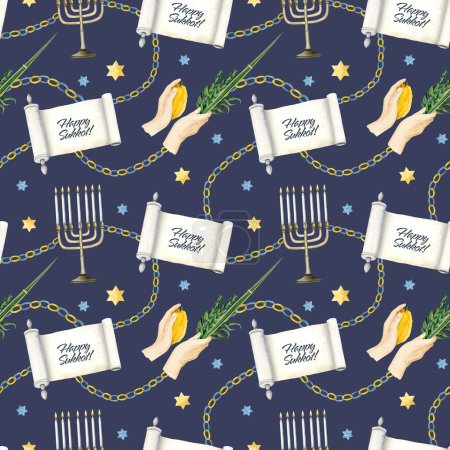 Téléchargez les photos : Sukkot motif sans couture sur fond bleu marine foncé avec rouleau de Torah aquarelle et salutations, agitant le Lulav, Etrog, quatre espèces, étoiles de David et menorah pour les vacances juives traditionnelles. - en image libre de droit