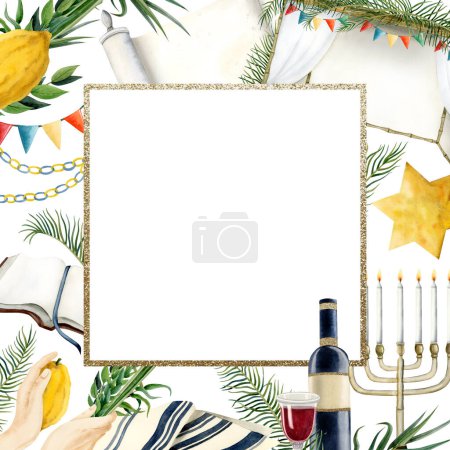 Photo for Sukkot square frame watercolor illustration isolated on white background with etrog, four species, tallit, sukkah, red wine and Torah book for Jewish holiday greetings. - Royalty Free Image