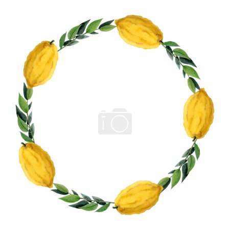 Téléchargez les photos : Citron fruits avec feuilles vertes couronne ronde cadre aquarelle illustration isolé sur fond blanc avec etrog ou citron. - en image libre de droit