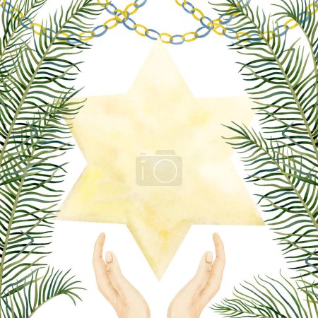 Photo for Sukkot palm tree leaves with sukkah decorations and yellow star of David watercolor illustration isolated on white background. Square frame template for Jewish holiday greetings. - Royalty Free Image