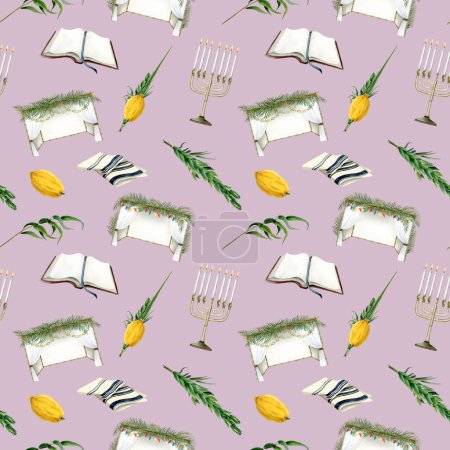 Photo for Light pink Sukkot watercolor seamless pattern with decorated sukkah, waving the Lulav, Etrog, tallit and menorah for traditional Jewish holiday. - Royalty Free Image