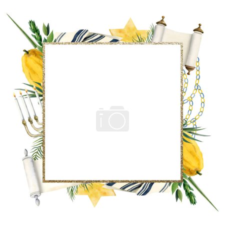 Foto de Ilustración de marco cuadrado de Sukkot de acuarela aislada sobre fondo blanco con etrog, cuatro especies, talit, decoraciones de sukkah y pergamino de la Torá para saludos judíos de vacaciones. - Imagen libre de derechos