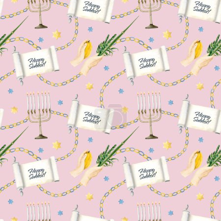 Téléchargez les photos : Sukkot rose pastel motif sans couture avec rouleau de Torah aquarelle et salutations, agitant le Lulav, Etrog, quatre espèces, étoiles de David et menorah pour les vacances juives traditionnelles. - en image libre de droit