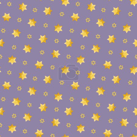 Foto de Estrella amarilla de David patrón sin costura acuarela sobre fondo blanco para Hanukkah y Sukkot vacaciones judías papel de embalaje, textil, tela y embalaje. - Imagen libre de derechos