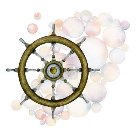 Téléchargez les photos : Volant de bateau nautique avec illustration aquarelle bulles sous-marines. Élément de voyage décoratif marin isolé sur fond blanc. - en image libre de droit