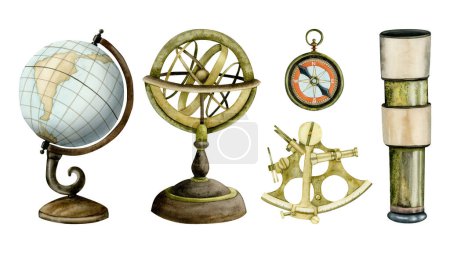 Téléchargez les photos : Instruments et dispositifs de navigation nautique en mer aquarelle avec astrolabe, globe, sextant, boussole et verre espion isolés sur un fond blanc pour les dessins de voyages et d'aventures. - en image libre de droit