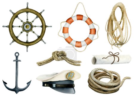 Photo for Nautical sailing boat or ship watercolor illustration set with steering wheel, lifebuoy, anchor, rope knot and capitains cap isolated on a white background for travel and adventures designs. - Royalty Free Image