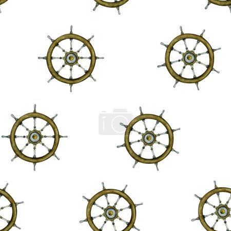 Photo for Steering wheels watercolor seamless pattern illustration on white background for wrapping paper, boys clothes, kids fabrics and textiles in nautical style. - Royalty Free Image