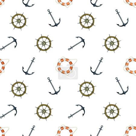 Photo for Steel anchors, steering wheels and lifebuoy watercolor seamless pattern illustration on white background for nautical wrapping paper, boys clothes, kids textiles in adventure and travel style. - Royalty Free Image