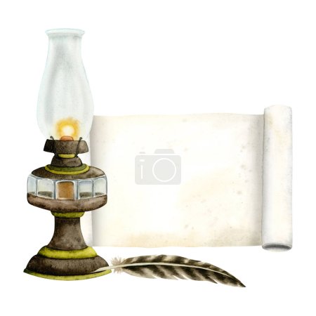 Photo for Vintage kerosene lamp with feather pen and paper scroll watercolor illustration isolated on white background for poetry and writing designs. - Royalty Free Image