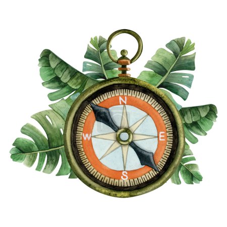 Photo for Vintage pocket compass with tropical palm leaves watercolor illustration. Nautical hand drawn navigation instrument illustration isolated on white background. - Royalty Free Image