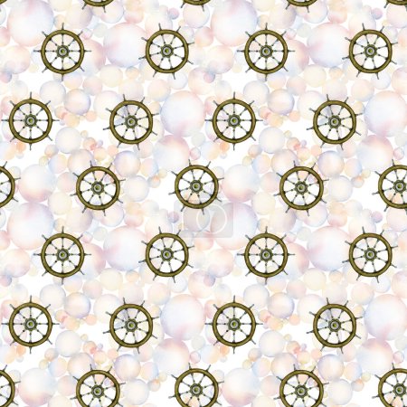 Photo for Watercolor steering wheels and underwater air bubbles seamless pattern in pastel colors for wrapping paper, boys clothes, kids fabrics and textiles in nautical style. - Royalty Free Image