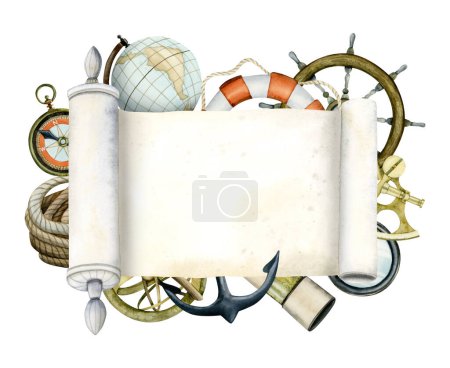 Photo for Travelling, sailing and navigation instruments with paper scroll nautical watercolor illustration isolated on white background with spyglass, compass, globe, sextant, anchor, buoy, steering wheel. - Royalty Free Image