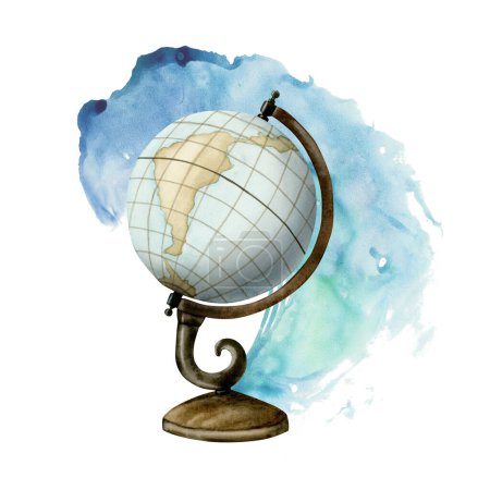 Foto de Vintage globo acuarela ilustración wuth azul verde océano ola aislado sobre fondo blanco para aventuras náuticas y viaje alrededor del mundo diseños. - Imagen libre de derechos