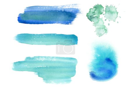 Foto de Pinceladas, salpicaduras y manchas de color verde azulado para diseños náuticos de mar o océano. Fondo artístico dibujado a mano aislado en blanco. - Imagen libre de derechos