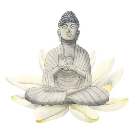 Téléchargez les photos : Statue de Bouddha en fleur de lotus illustration aquarelle dessinée à la main. Élément de méditation pour le yoga, le bouddhisme et les conceptions du Népal. - en image libre de droit