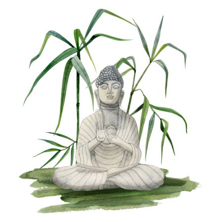 Foto de Meditar Buda sentado sobre hierba en bambú verde dibujado a mano ilustración acuarela aislada sobre fondo blanco. Clipart de meditación para diseños de yoga y budismo. - Imagen libre de derechos