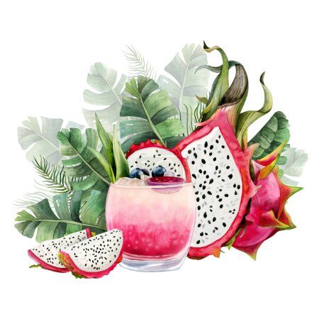 Photo for Dragon fruits, summer pink cocktail lemonade with pitaya slices and green palm leaves watercolor illustration isolated on white background. Fresh tropical exotic drink clipart. - Royalty Free Image