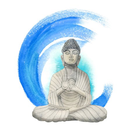 Foto de Buda con cielo azul cepillo redondo trazo dibujado a mano acuarela ilustración aislado o fondo blanco. Clipart de meditación para diseños de yoga y budismo. - Imagen libre de derechos