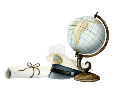 Foto de Globo de acuarela, sombrero de capitanes y pergamino de papel ilustración dibujada a mano aislada sobre fondo blanco para navegar, viajar, diseños de aventuras. - Imagen libre de derechos