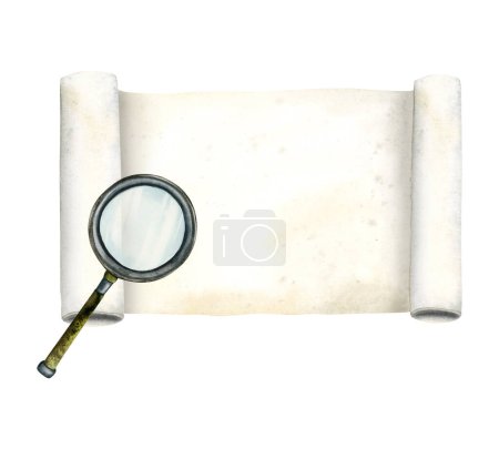 Photo for Magnifying glass and paper scroll for detective and researches designs watercolor illustration. Hand drawn magnifier clipart isolated on white background. - Royalty Free Image