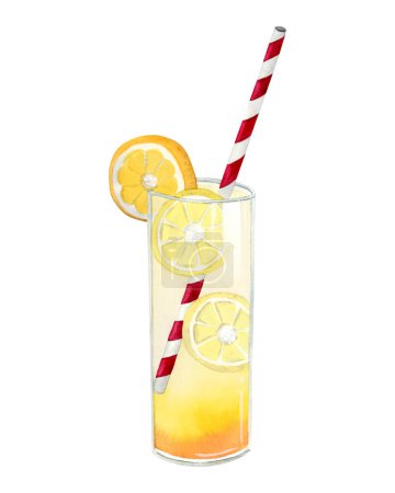 Photo for Watercolor glass of lemonade with lemon slices and red striped straw hand drawn illustration isolated on white background for cocktail or juice menu design, summer drinks. - Royalty Free Image