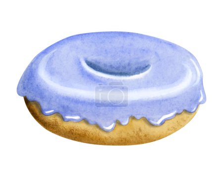 Téléchargez les photos : Illustration aquarelle de donut vitré bleu lavande isolée sur fond blanc. Vue latérale, pour les garçons anniversaire ou Hanoukka dessins. - en image libre de droit