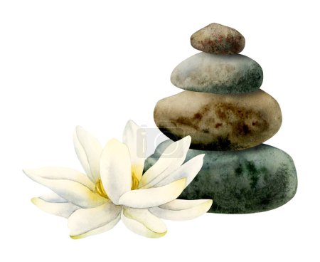 Flor de loto acuarela y piedras balanceadas pirámide ilustración realista para centros de spa de yoga ans, cosmética natural y cuidado de la salud.