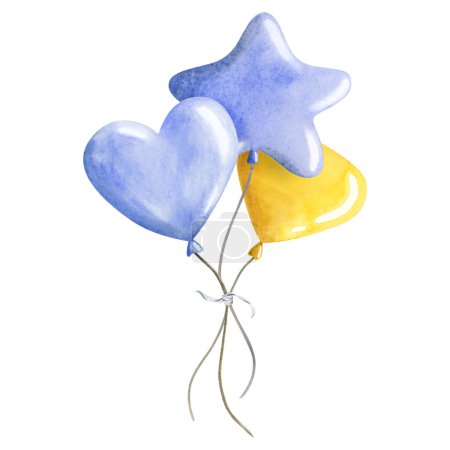 Foto de Globos de aire azul y amarillo pastel para niños fiesta de cumpleaños acuarela ilustración aislada sobre fondo blanco. Clipart dibujado a mano para tarjetas de felicitación feliz cumpleaños e invitaciones - Imagen libre de derechos