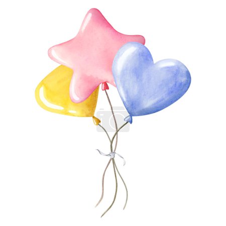 Photo for Pastel pink, lavender blue and yellow air balloons bouquet for kids birthday party watercolor illustration isolated on white background. Hand drawn clipart for greeting cards and invitations. - Royalty Free Image