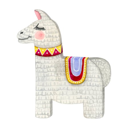 Foto de Divertido alpaca piñata acuarela ilustración para unas vacaciones de cumpleaños de los niños. Elegante y lindo caballo piñata para niños en colores pastel. - Imagen libre de derechos